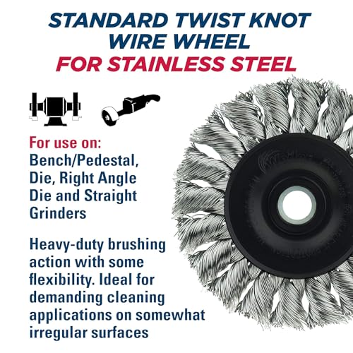 Image of Weiler 08264 3 inch Standard Twist Knot Wire Wheel, .014 inch Stainless Steel Fill, 1 /2 inch-3 /8 inch Arbor Hole, Made in The USA (Pack of 10)