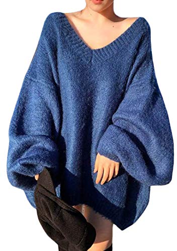[Bestmood]ニットセーター レディース Vネック 長袖 ゆったり プルオーバー ニット モヘア ジャギー セーター ふわふわ 肩出し ファッション トップス 暖かい かわいい 秋 冬 大きいサイズ(freesizeブルー)