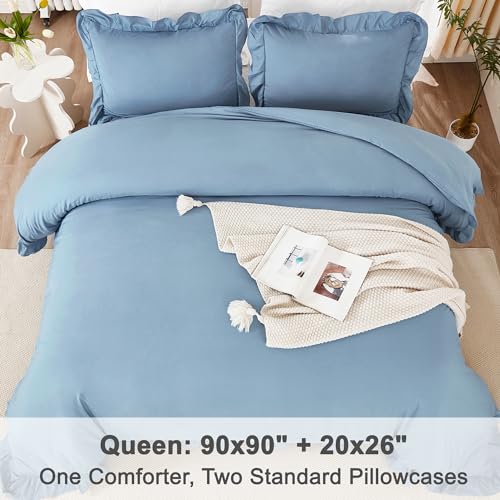 Image of Litanika Grayish Blue Queen Comforter Set, 3 Pieces Ruffle Farmhouse Aesthetic Bedding Comforter Set, All Season Soft Lightweight Fluffy Microfiber Bed Set(90x90In Comforter, 2 Pillowcases)