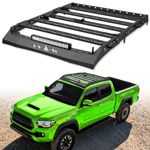 MONOKING 400LBS Carbon Steel Roof Rack Cargo Basket with LED Light Bar Fit for 2005-2023 Toyota Tacoma Double Cab & Crew Cab 4-Door Heavy Duty Rooftop Cargo Carrier Luggage Rack