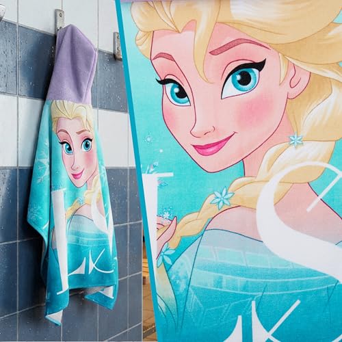 Image of Disney Frozen Bath Towels with Hood for Girls, Soft Absorbent Cotton Beach Towel, Swimming Pool Hooded Poncho, Shower Bath Travel Elsa Anna for Girls Ages 2-6 (Blue Frozen)