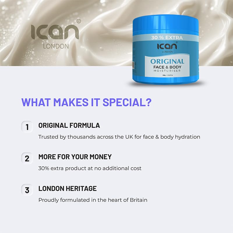ican London Original Daily Face & Body Moisturiser Cream 500g, 500 g (Pack of 1) - Image 3