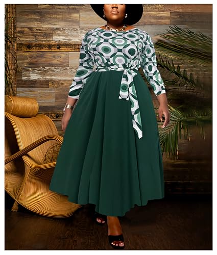 Image of Hostoyo Women Plus Size Formal A Line Maxi Dress Self Tie Waist with Pockets Elegant Round Neck Swing Long Dresses