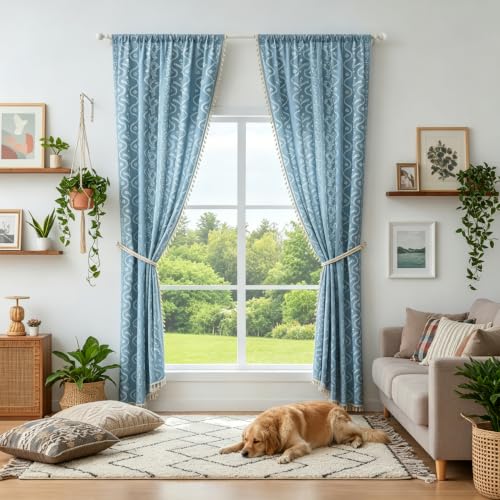 Image of Boho Curtains 84 Inch Long for Living Room, Bedroom, 2 Panels Floral Farmhouse Vintage Tassel Semi Sheer Light Filtering Privacy Window Curtain Drapes with Rod Pocket,Dusty Blue