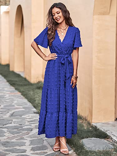 Image of MASCOMODA Women Boho Swiss Dot Maxi Dresses Wrap V Neck Flutter Short Sleeve Solid Tie Waist A Line Tiered Flowy Long Dresses
