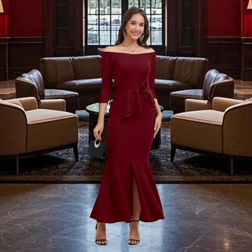 Image of Women's Elegant Formal Mermaid Maxi Dress Off Shoulder Long Sleeve Wedding Split Evening Gown Prom Cocktail Party Dresses