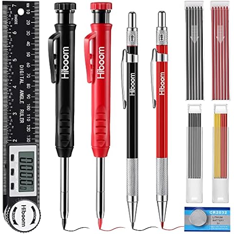 Hiboom 9 Packs Carpenter Measuring Drafting Kit, 4 Solid Carpenter Pencils with Sharpener and 36 Refills, 2 in 1 Digital Angle Finder Protractors Marking Tools for Machinist Construction Woodworking Cover