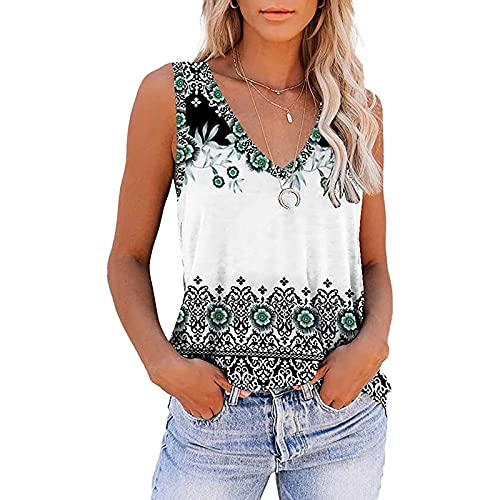 Casual Tank Tops for Women, Womens Tops Clearance Women Vintage Boho Plus Size Sleeveless Tops Loose Print V-Neck Blouse Shirt