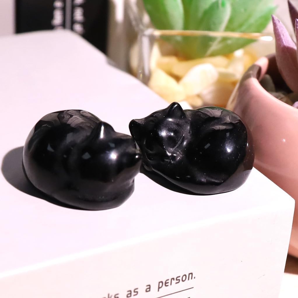 QINJIEJIE Bundle of Black Obsidian Cat Statue and Elephant Decor Crystals Pocket Natural Stone Statue Guardian Polished Figurine image 2