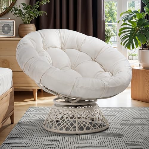 Image of Bme Ergonomic Wicker Papasan Chair with Soft Thick Density Fabric Cushion, High Capacity Steel Frame, 360 Degree Swivel for Living, Bedroom, Reading Room, Lounge, Arctic Snow - White Base