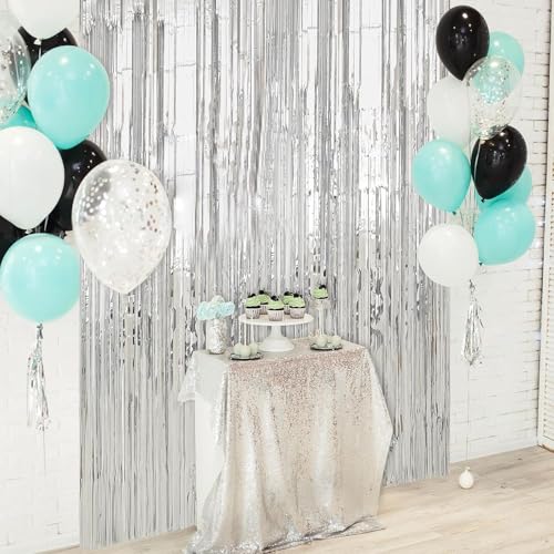 Image of Crosize 8 Pack 3.3 x 9.9 ft Sliver Foil Fringe Curtains Party Decorations, Sliver Tinsel Curtain Backdrop for Parties, Door Streamers, Glitter Streamer Backdrop for Birthday Decoration