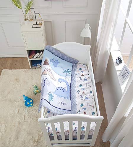 La Premura Dinosaur Baby Nursery Crib Bedding Set – Dinosaur 3 Piece Standard Size Crib Set, Grey/Blue - Unisex Nursey Bedding And Neutral Decor #TOP5