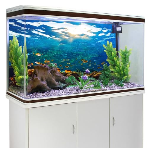 Image of YongFoto Ocean Theme Fish Tank Background 30x12 inch Seaweed Coral Reef Rock Seafloor Tropical Fish Underwater Sea World Polyester Backdrop Reptile Habitat Terrarium Aquarium Background