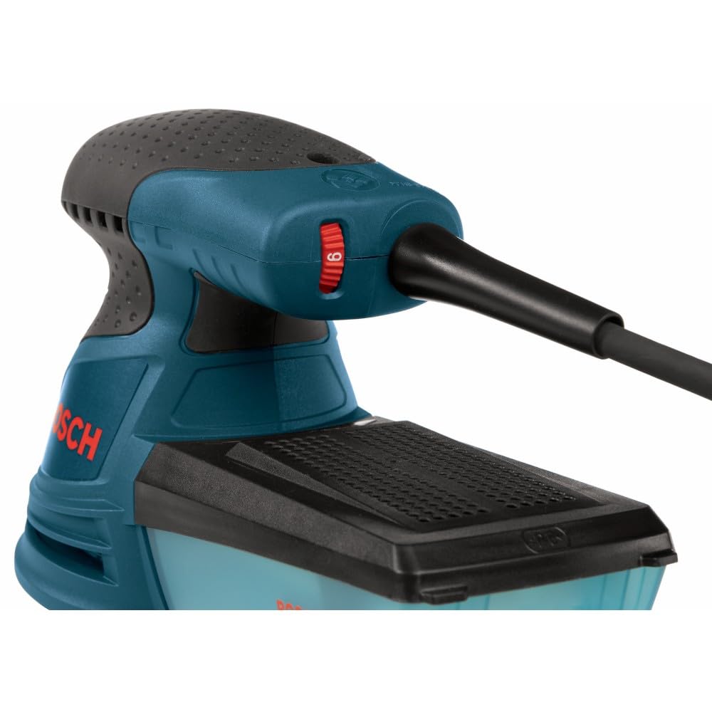 BOSCH ROS20VSK - Lijadora de palma de 2.5 amperios y 5 pulgadas. Kit de lijadora/pulidora orbital aleatoria de velocidad variable con cable con colector de polvo y funda de transporte rígida