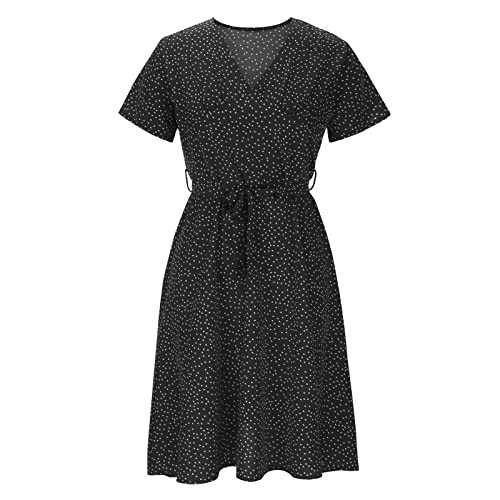 ORT Vestido casual feminino de verão com decote em V, cor lisa, estampa de bolinhas, manga curta, am