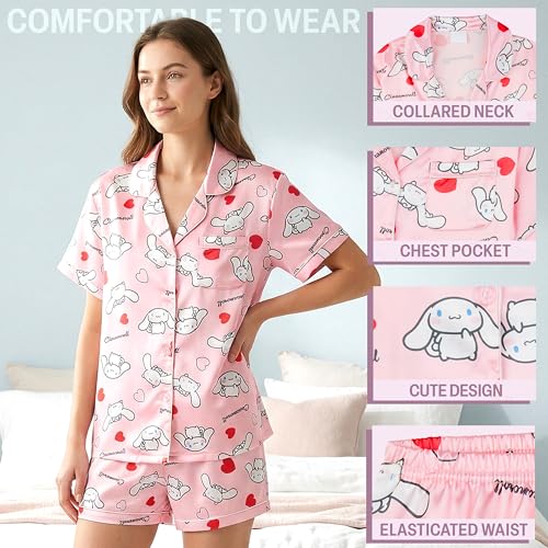 Image of Get Trend Hello Kitty | Kuromi | Pusheen Women's Pajama Sets, 2 Piece Button Up Shirt & PJ Shorts, Soft Kawaii Lounge Sets