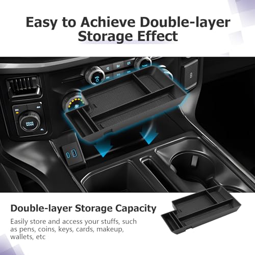 Image of LUWU Center Console Organizer for 2021-2024 2025 Ford F150 & 2022-2024 F150 Lightning XLT Hidden Storage Tray Lower Storage Box 2025 F150 Accessories Fits into The Open Pocket in Front of The Shifter