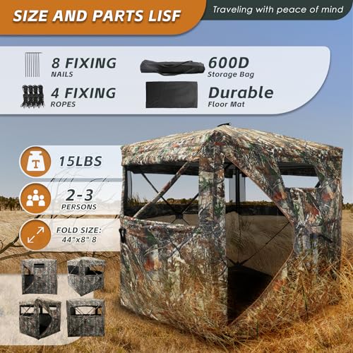 Image of FUNHORUN Hunting Blind with Floor Mat, 360 See Through Ground Blind, Pop Up