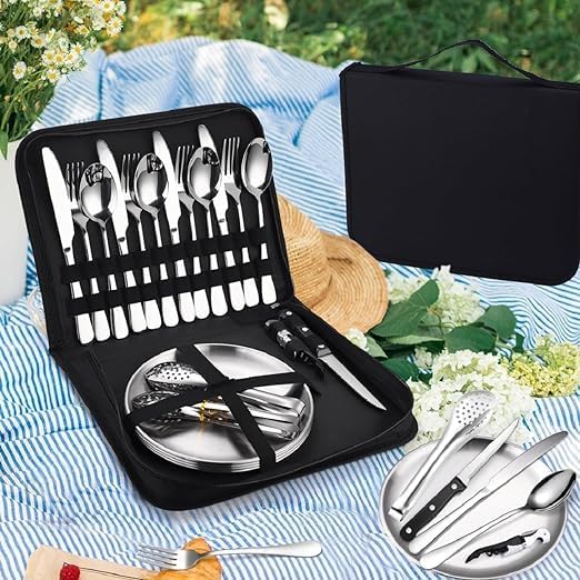 MAPPLE CREATION Portable Travel Camping Tableware Fork Spoons Plate Cutlery Stainless Steel Silverware Set Including Knife Spoon Chopsticks Clip Cleaning Brush Straws Case for Hiking and Camp Kitchen