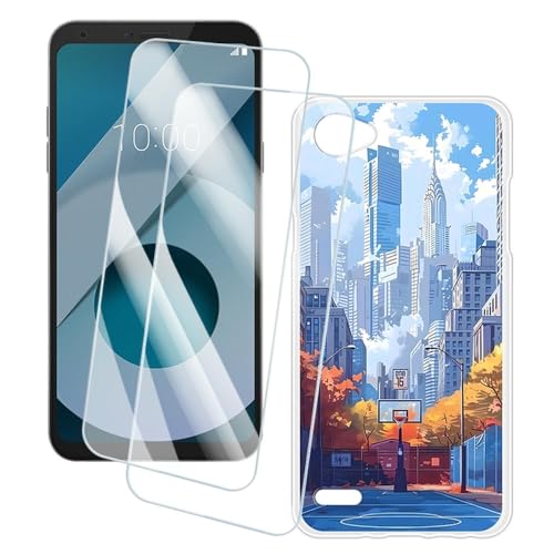 OAGELIM 2 Piezas Protector de Pantalla + Funda Compatible con LG Q6 (5.5 Pulgada) Funda Impresión Artística Personalizada y Cristal Templado (Ciudad)