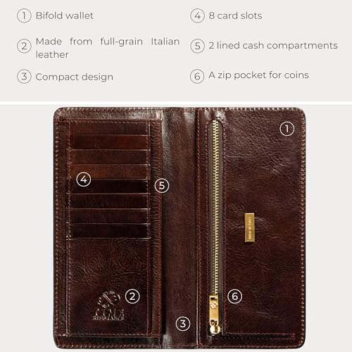 Image of Time Resistance Long Leather Wallet - Bifold Mens Suit Leather Wallet - Checkbook Wallet - Tall Billfold Card Wallet - Slim Wallet Made in Italy (Brown)