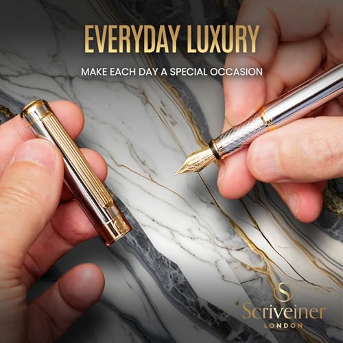 Image of Scriveiner Silver Chrome Fountain Pen - Stunning Luxury, Real Gold Plating, Schmidt Gilded Nib (Extra Fine), Best Gift Set for Men & Women Professional Executive Office