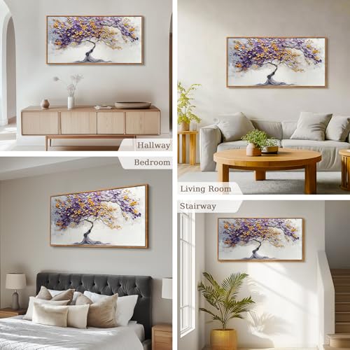 crmotu Tree of Life Framed Wall Art Large Artwork, Purple Gold Tree Abstract Art Prints, Nature Plant Aesthetic Canvas Art Wall Decor Living Room Bedroom, Zen Spiritual Home Decor Paintings 24x48inch