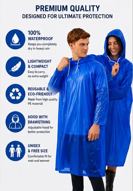 Image of Unisex Waterproof Rain Poncho with Hood | Lightweight Full Sleeve Raincoat for Outdoor Travel, Trekking & Camping | Use Up to 2-3 Times | Multicolor | Free Size | Pack of 2