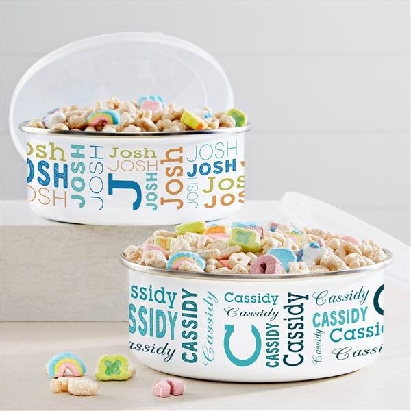 Personalization Universe Trendy Repeating Name Personalized Enamel Bowl with Lid
