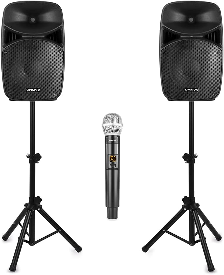 Vonyx VPS152A Pro Karaoke System with Wireless Mics, Stands and 15" Active Speakers - Professional Machines for Parties, Events, Home Entertainment