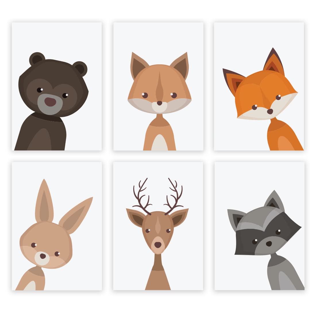 INKOLOGIE Woodland Forest Animal Nursery Kids Bedroom Hanging Wall Art Decor Poster Print, A4 Size 8.25 x 11.75-inch, Mod Bear Fox Rabbit Deer Raccoon, 6-Pack, No Frame