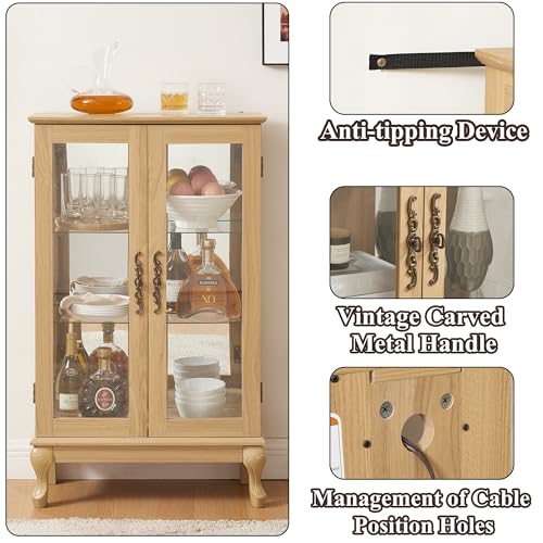 Image of 43 inch H Lighted Curio Cabinet Display Case, Glass Curio Cabinet with Adjustable Shelves & Tempered Glass Door, Wooden Cabinets with Mirrored Back Pane for Living Room (Light Oak)