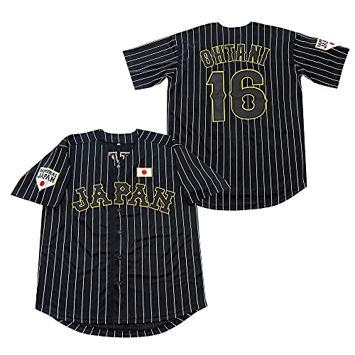 PARTYJERSEY Men s #16 Ohtani Hip Hop Short Sleeves Japan Baseball Jerseys White Black (Black, S)