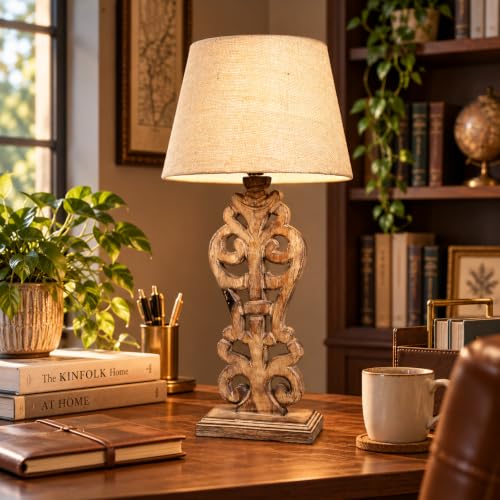 Image of tu casa Mangowood Rustic Brown French Table Lamp for Home Decoration, Bedroom, Living Room, Lounge, Office, Festival Gifting, Study Table (Beige with Jute Shade) H - 21 inch / No Blub