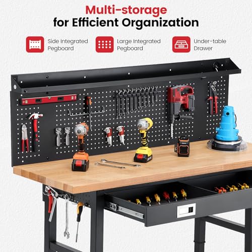 Workbenches for Garage Work Bench with Wheels 60 Inch Adjustable Rubber Wood Top Garage Workbench with Drawers, Pegboard, Power Outlets for Woodworking, Home, Office, Workshop