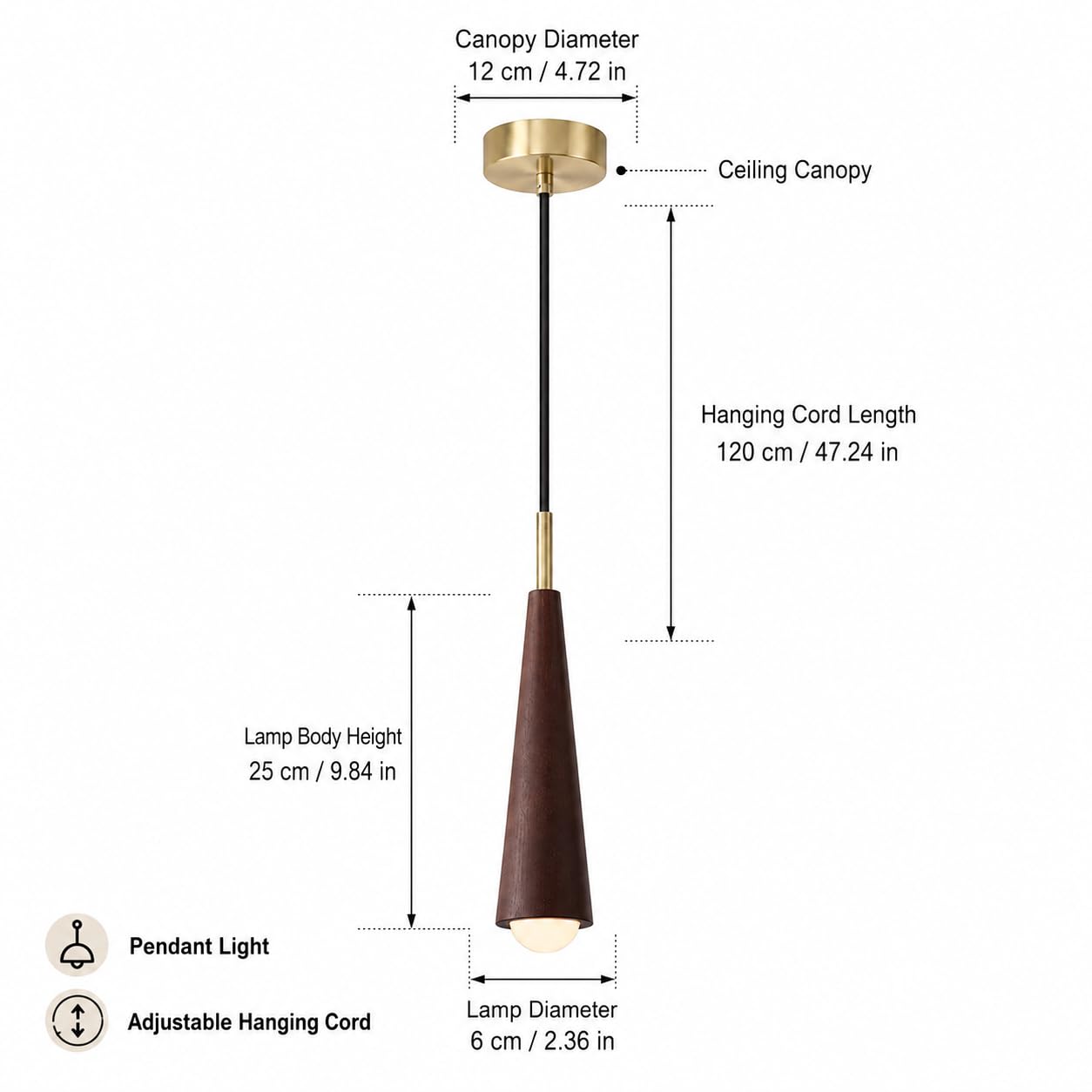 Lámpara colgante moderna de cono de madera y metal con cable para colgar.
