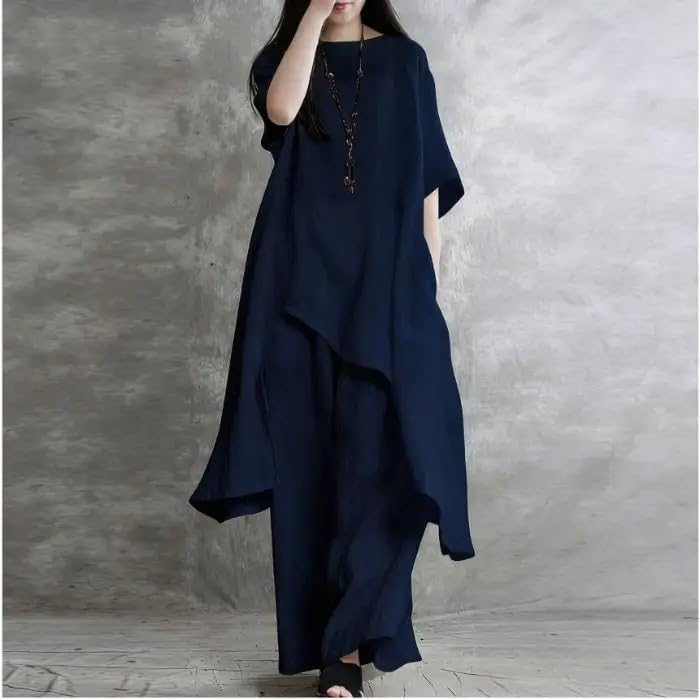 Women Linen Two Piece Set Loose Fit Top Wide Leg Pants Casual Summer Outfit