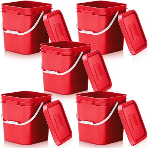 Image of Mumufy 5 Pcs 3.5 Gallon Square Food Grade Bucket with Lid Square Bucket Pail Plastic Handles for Long Term Food Storage, Camping, Fishing, Home Organization Easy Stack and Store (Red)