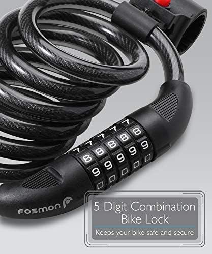 Fosmon Bike Lock Cable (4 Feet), Heavy Duty 5-Digit Self Coiling Resettable Combination Code, Bicycle Chain Flexible Steel Security Cable Lock with Bike Mount Holder - Black - 1
