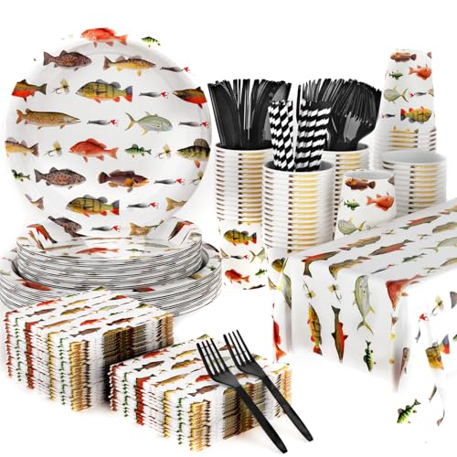 141Pcs Gone Fishing Birthday Party Decorations for 20 Guests Fishing Plates and Napkins Forks Cups Straws Tablecloth for Ofishally One Baby Shower Birthday Party Decorations