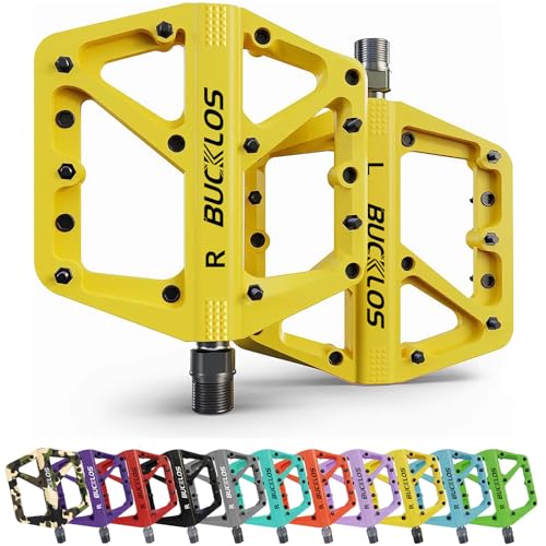 BUCKLOS Pedales planos MTB para bicicleta de montaña, pedales de bicicleta de carretera para adultos, plataforma grande, nailon, antideslizante, para BMX/bicicleta de grava/bicicleta híbrida de 9/16