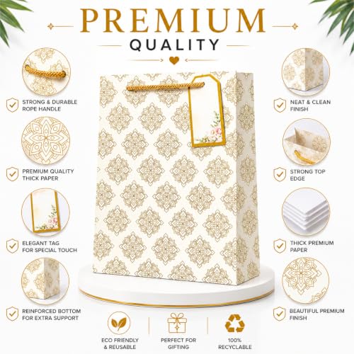 Image of Floral Paper bags - Bags for gifting - Gift bags small size - Carry Bags for Gifting - Return gift bags Wedding Birthday Baby shower - Pack of 10 - Size 7 x 9 x 3 inch
