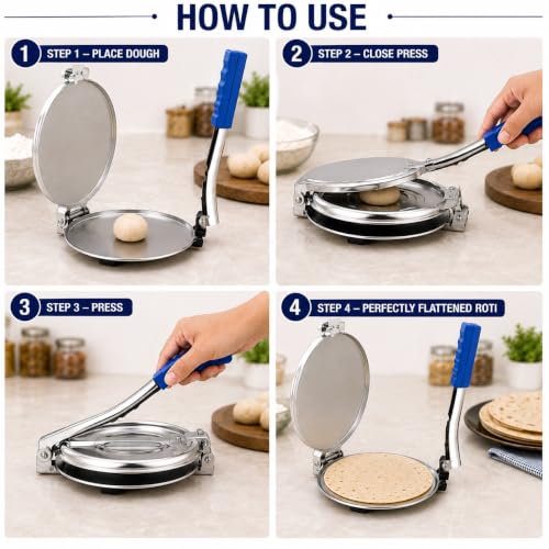 Image of 7.75 Inch / 19.7 CM Stainless Steel Roti & Puri Press | Manual Chapati & Tortilla Maker with Ergonomic Blue Handle | Non-Slip Rubber Feet | Heavy-Duty Kitchen Press for Easy & Even Dough Flattening