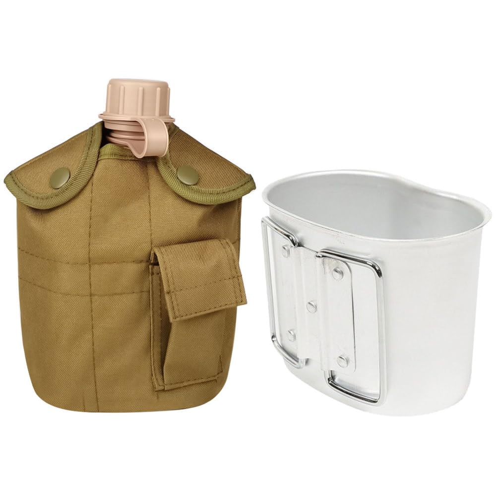 Canteen Kit, 1L Plastic Canteen with Aluminum Cup & Bottle Sleeves Portable Water Bottle Set for Outdoor Hiking Camping