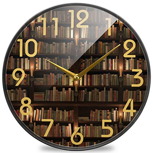Naanle Multi-storied Mysterious Bookshelf Library Print Round Wall Clock, 12 Inch Silent Battery Operated Quartz Analog Quiet Desk Clock for Home,Office,School,Kitchen
