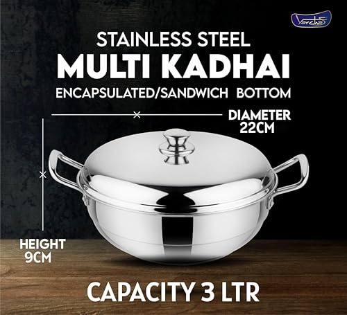 Image of VARCHAS Stainless Steel Idli Maker & Steamer with 4 Plates | Mini Multi Kadai 3 Litre, 22 cm | Idli, Dhokla, Momo, Steaming Cooker | Induction & Gas Compatible Kadhai
