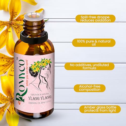 Image of Romyco Ylang Ylang Essential Oil 15ml for Strong Hair Roots & SkinCare, glowing | Emotional Balance Intimacy & Luxury Exotic Floral Aroma | Use In Diffuser | Pure Premium Natural Undliluted