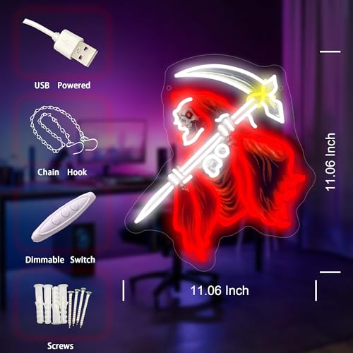 Image of Skull of the Reaper LED Neon Sign USB Powered for Wall Decor, Horror Neon Night Light Sign Dimmable for Room Party Decor Halloween Birthday Gifts
