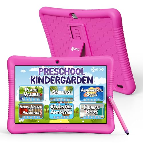 Image of Contixo K102 10 inch Kids Tablet Bundle - Wireless Kids Headphones, 32GB, Learning Educational Apps, Parental Controls, Dual Cameras, Shockproof Case with Kickstand & Stylus, Ages 3-7 - Pink