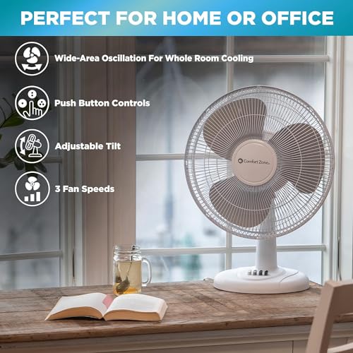 Comfort Zone 16-Inch Adjustable Tilt Table Fan - Oscillating Air Circulator for Bedroom & Home Office, 3 Speeds, Quiet Operation, Black
